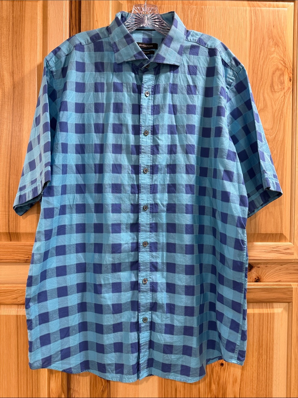 Bugatchi Men’s XL Blue Navy Plaid Cotton Short-Sleeve Casual Button-Down Shirt
